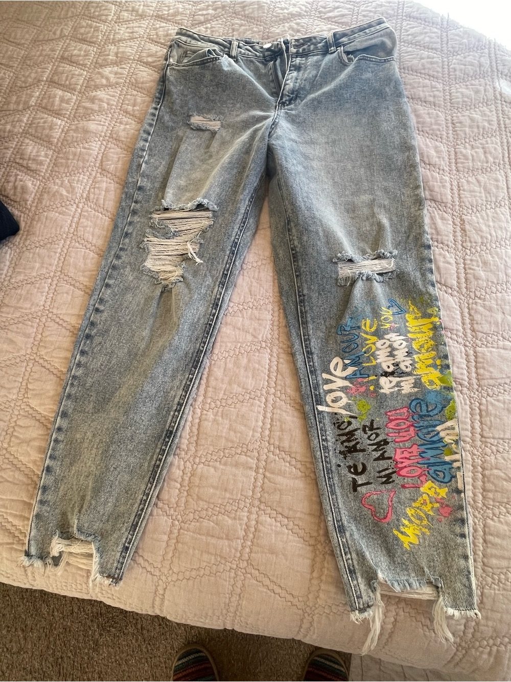 Tinseltown Light Wash Distressed Graffiti Boyfriend Jeans